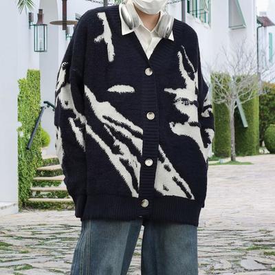 Men Cardigan Sweater Retro American Style V Neck Loose Single-breasted Contrast Color Knitted Sweater Coat Hip Hop Style Streetwear Jacket