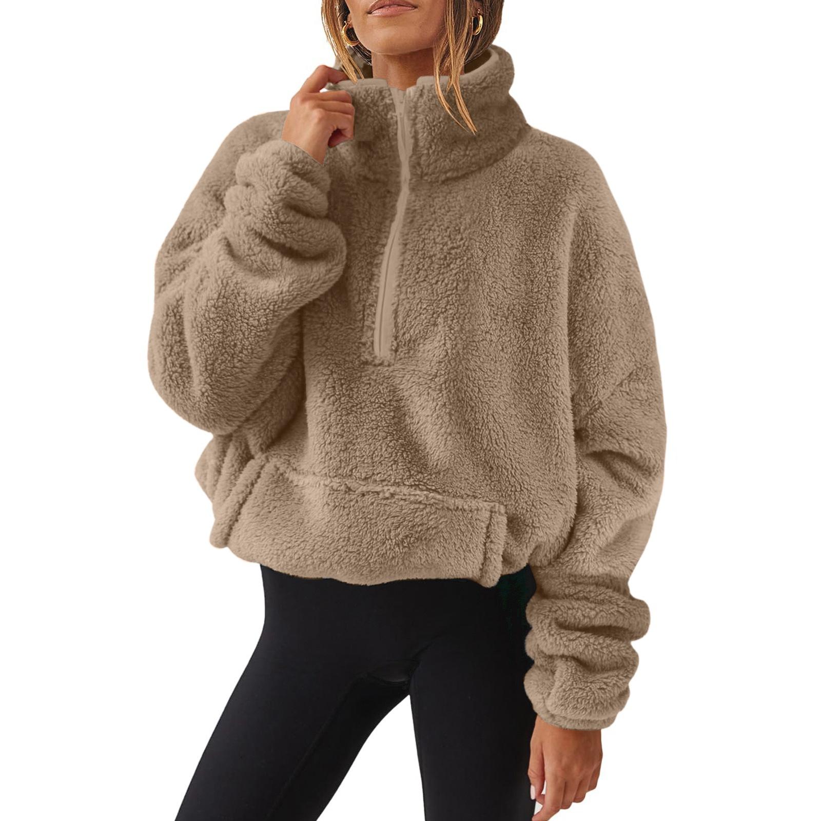 

2026 Autumn Winter Women s Plush Fleece Half Zip Sweatshirt, Stand Collar Jacket with Pockets, Cozy Sherpa Lined Casual Top for Cold Weather XXL світло-коричневого кольору