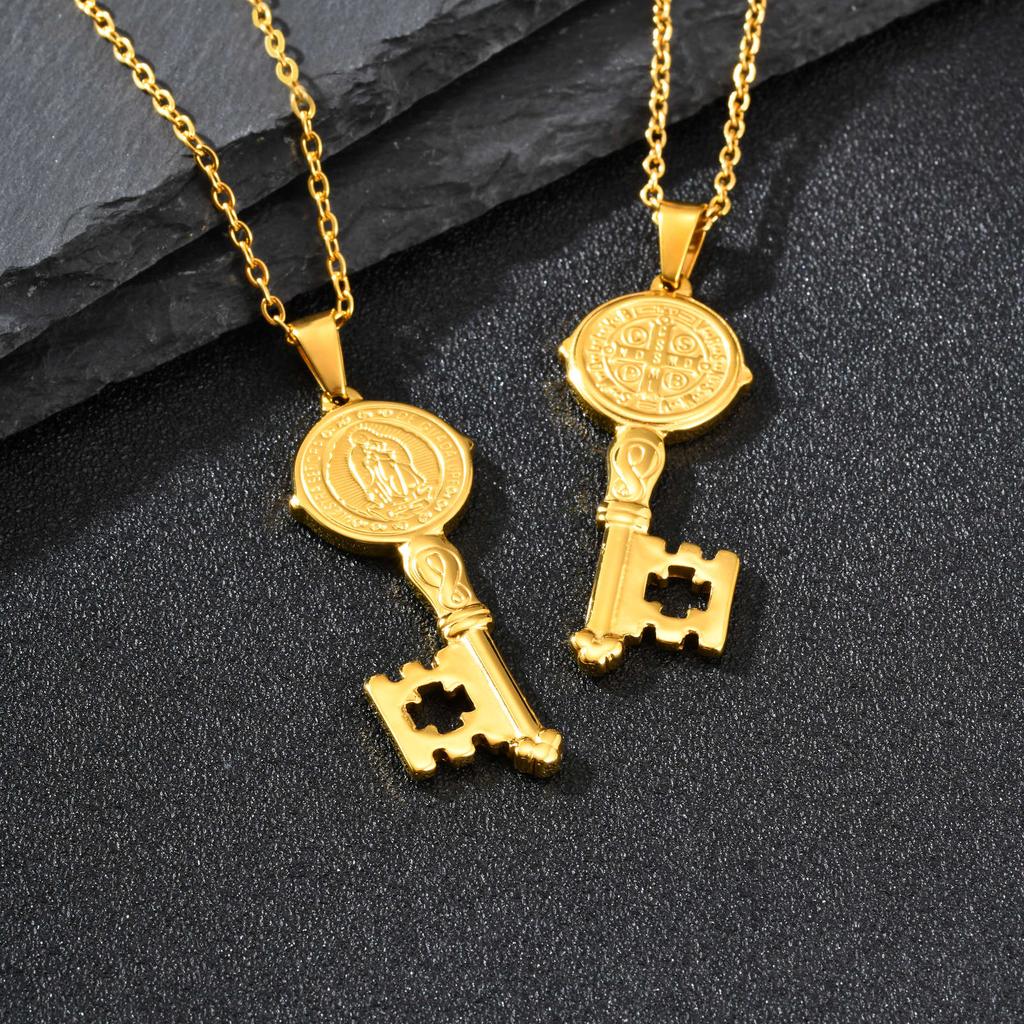 Vnox Stainless Steel Virgin Mary Pendant Key Necklace for Men Women, Gold Color Catholic Religious Saint Benedict Jewelry Gifts