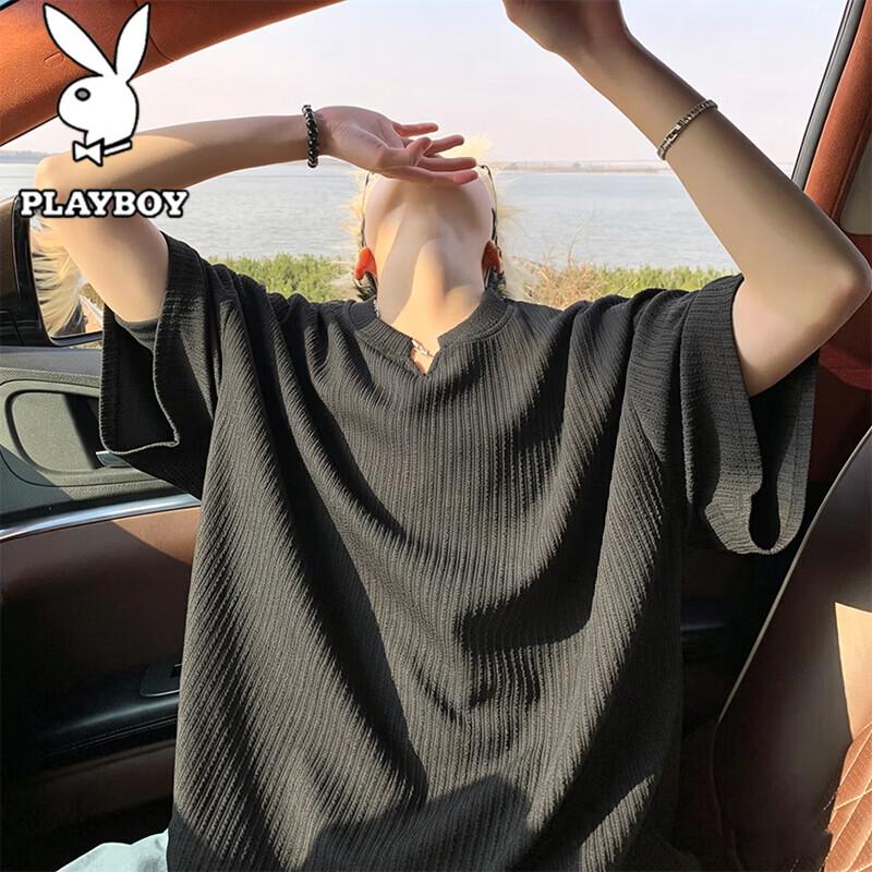 PLAYBOY Men s Striped Crew Neck Short Sleeve T-Shirt XL чёрный