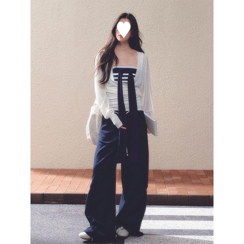 Early Autumn Layered Set: Striped Top, White Cardigan, Wide-Leg Pants – 3-Piece Outfit L