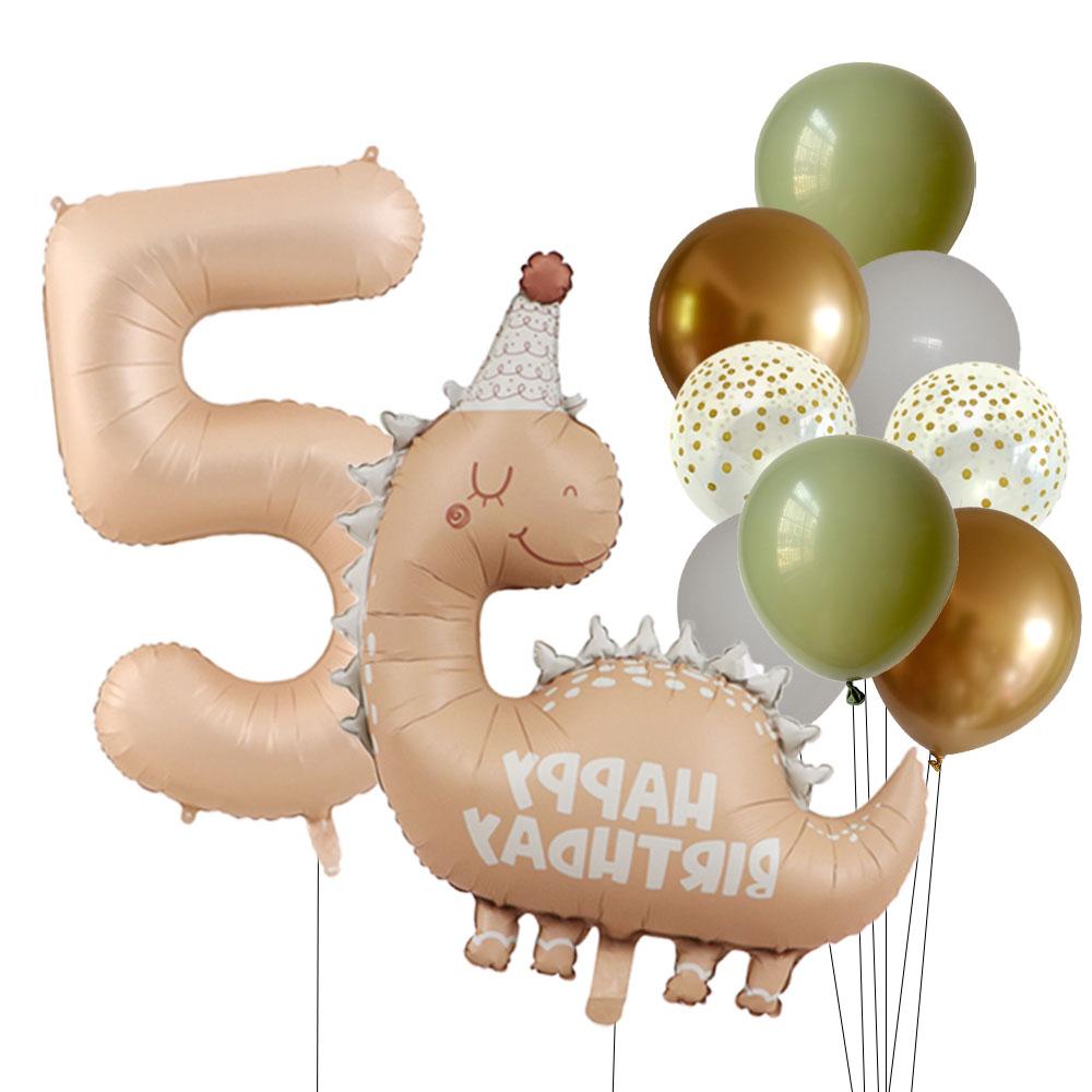 Retro Matte Caramel Colored Dinosaur Aluminum Film Number Balloon Set Happy Birthday Party Decoration Kids Background Photo Prop