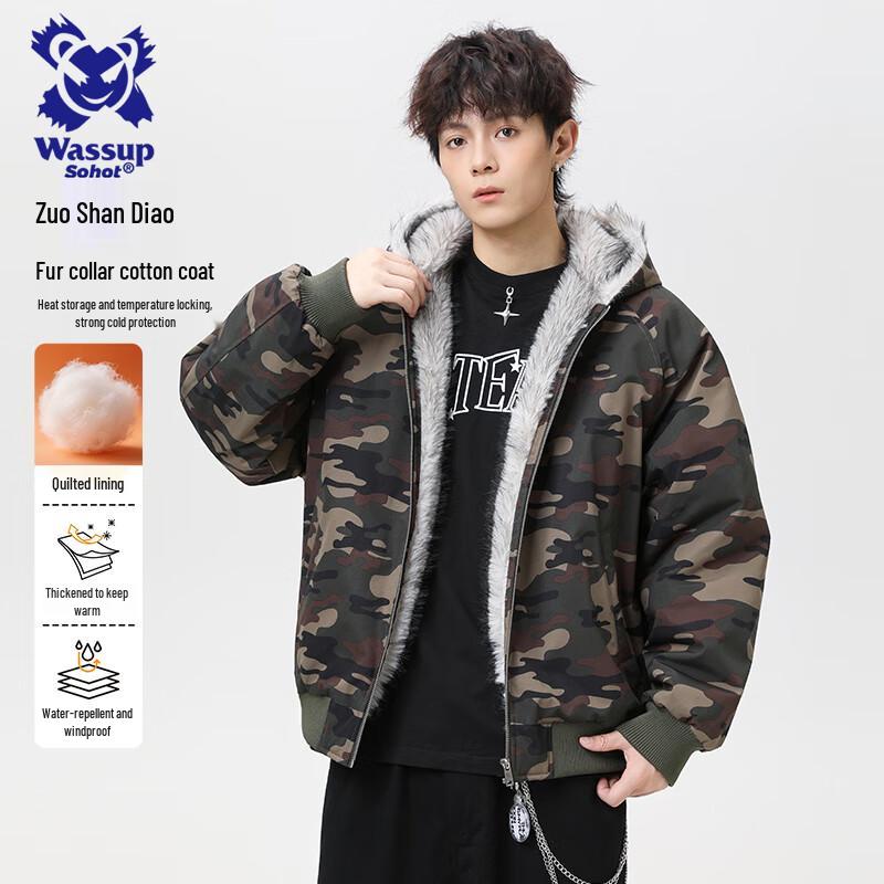 Wassup Sohot Men's American Eagle Faux Fur Hooded Winter Padded Jacket