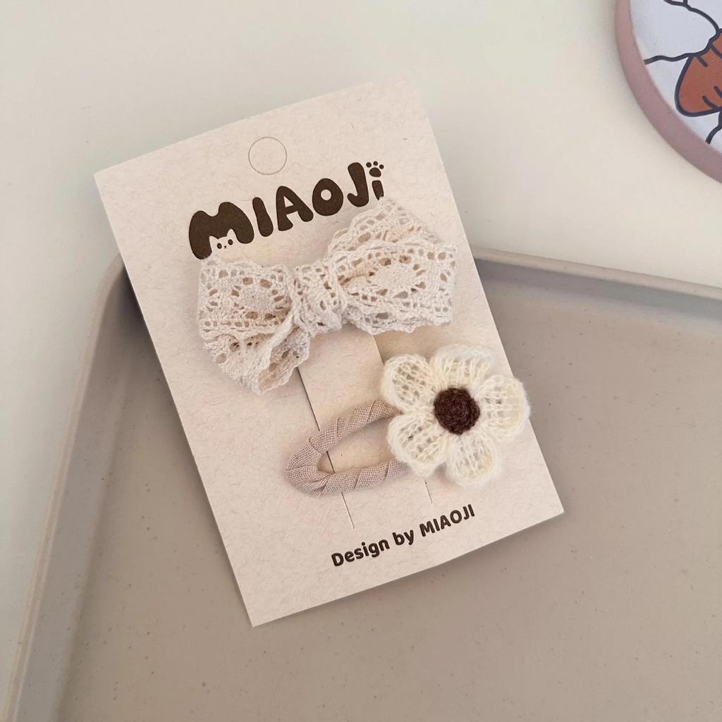 Lace Bow Press Clip Beige Coffee Color Bowknot Floral Hairpin Sweet Princess Baby Headwear Hair Clip