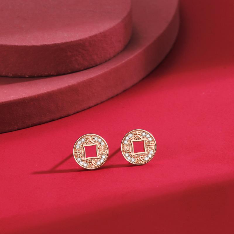 

Серьги Guochao Diamond Lucky Copper Coin, женские полые геометрические серебряные серьги с медной монетой, серьги Happy New Year