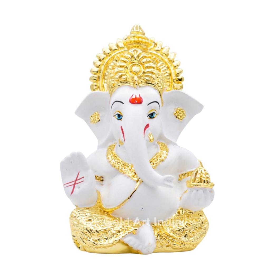 Ganesh Idol for Car Dashboard God Ganesha Idol for Home Decor Ganpati for Gift Home Office Table Shelves Diwali Gifting 3.5 Inches Gold White Mukut