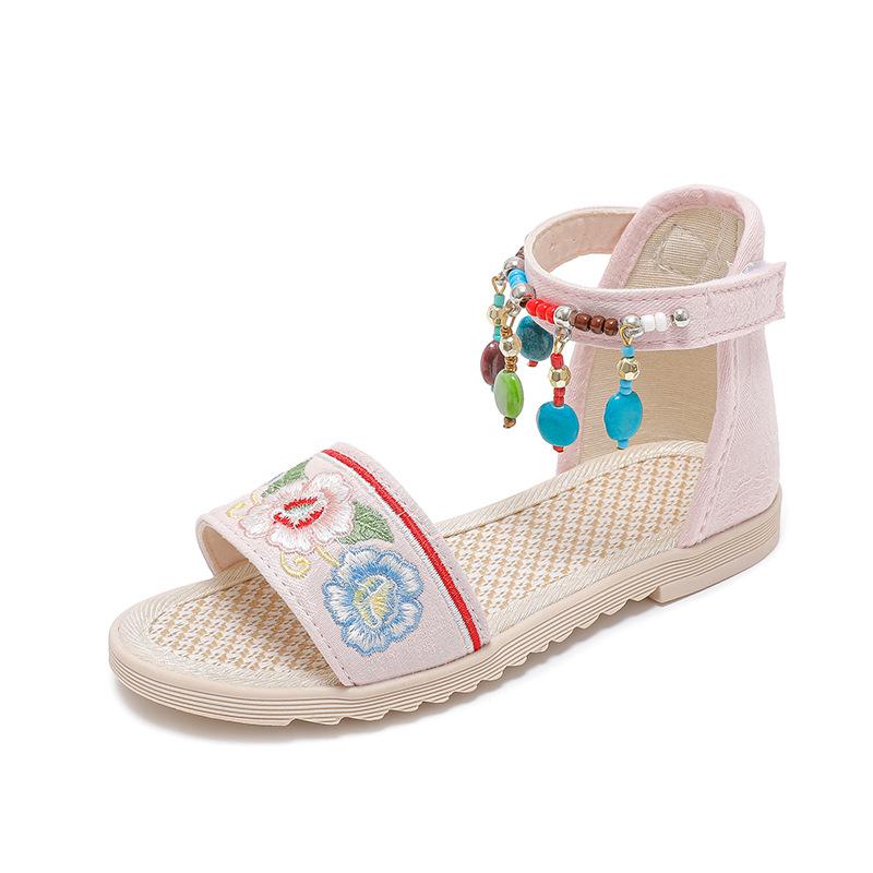 New Girls' Sandals Summer New Versatile Ethnic Style Princess Shoes, Big Children's Tassel Soft Sole Student Roman Shoes Flat