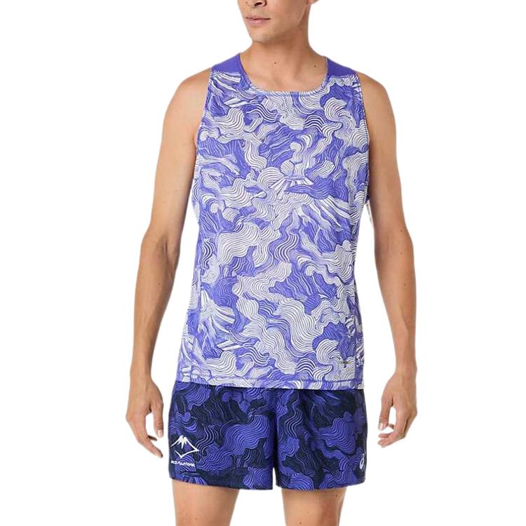 ASICS FUJITRAIL Tank Tops Men s Cobalt Blue Crackle/Butter Crew Neck Moderate Straight Fit 2011D528-400 L