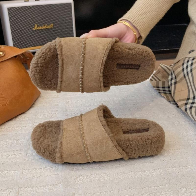 Fashion Women Flats Fur Slippers Suede Fashion New Shoes 2025 Trend Winter Casual Slingback Flip Flops Cozy Open Toe Slides Zapatillas
