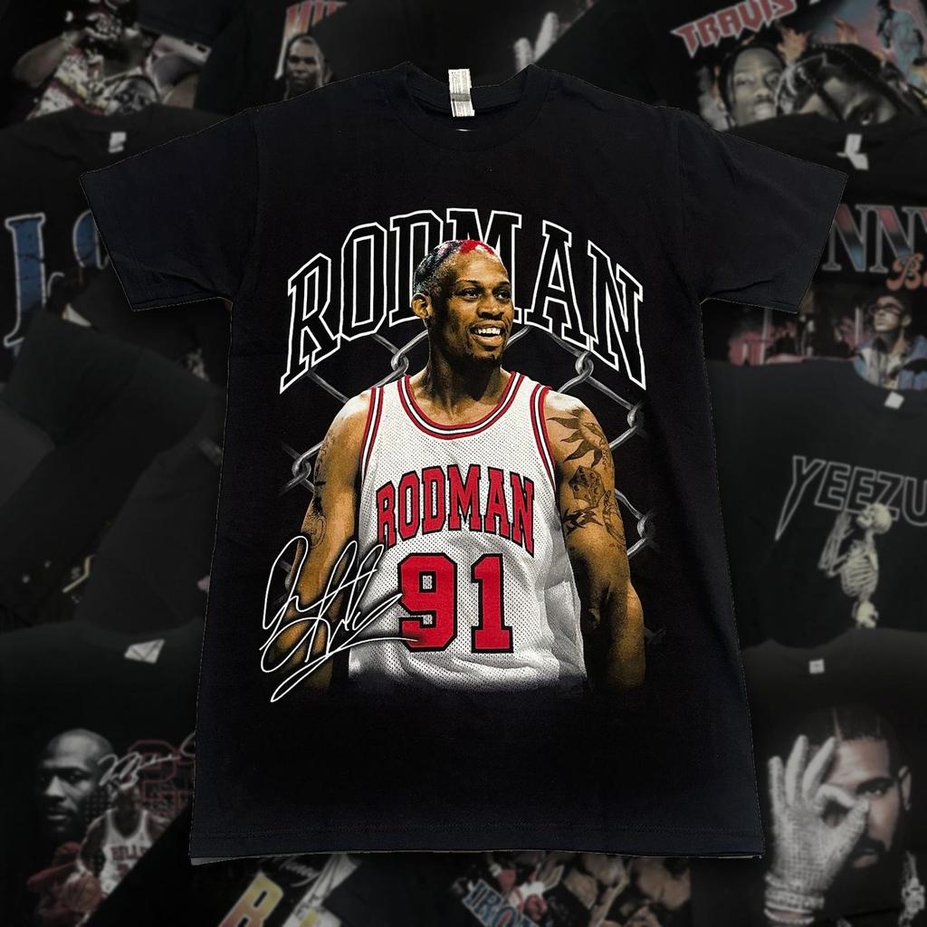 90s Rodman Basketball Tee | Chain Fence Court Print, Black Cotton T-Shirt