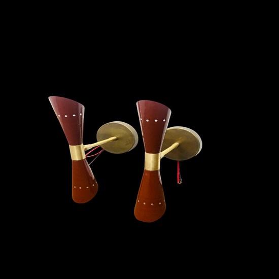 1950er Jahre Mid Century Messing Italienische Diabolo Braun Wandleuchte Leuchte 2 Glühbirnen Paar Wandleuchte Lampe