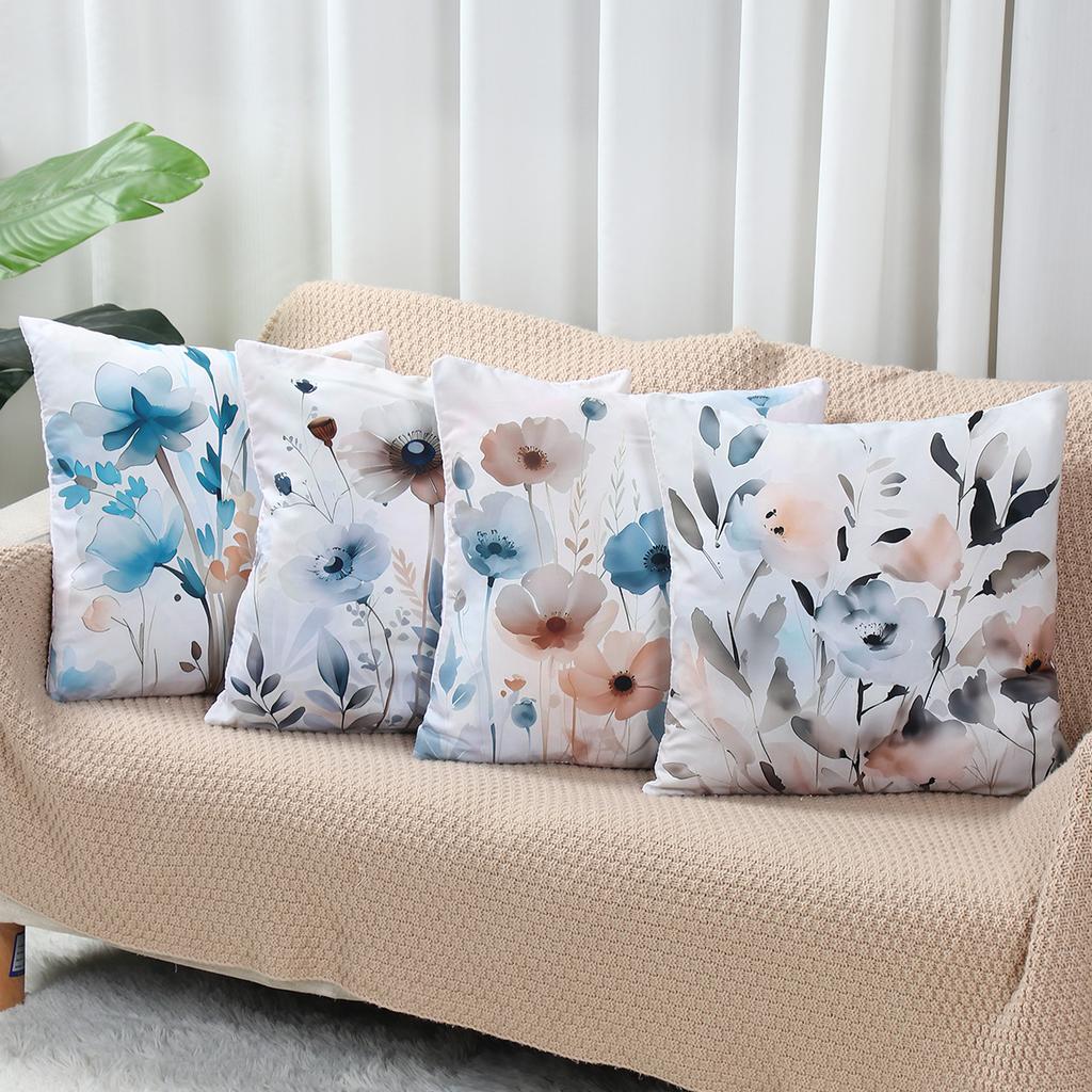 4Pcs Wildflower Theme Peach Skin Pillowcase 45*45Cm Butterfly Pattern Peach Skin Pillow Cover For Home Living Room Bedroom Decor
