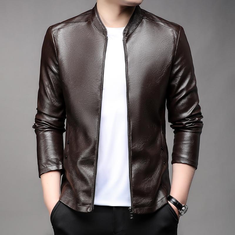 

Men s Faux Leather Zip-Up Jacket - Casual Stand Collar Biker Top 6XL кавовий
