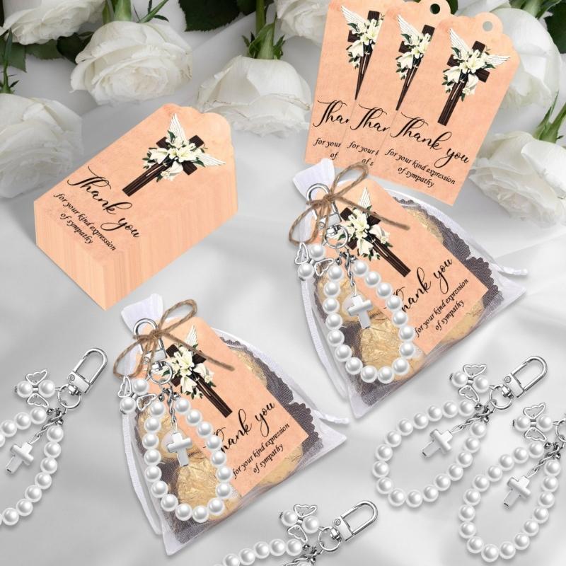 Pack Of 10Sets Pearls Crosses Keychains With Thank You Labels And Organza Bags For Wedding Baby Shower Baptism Party Favors