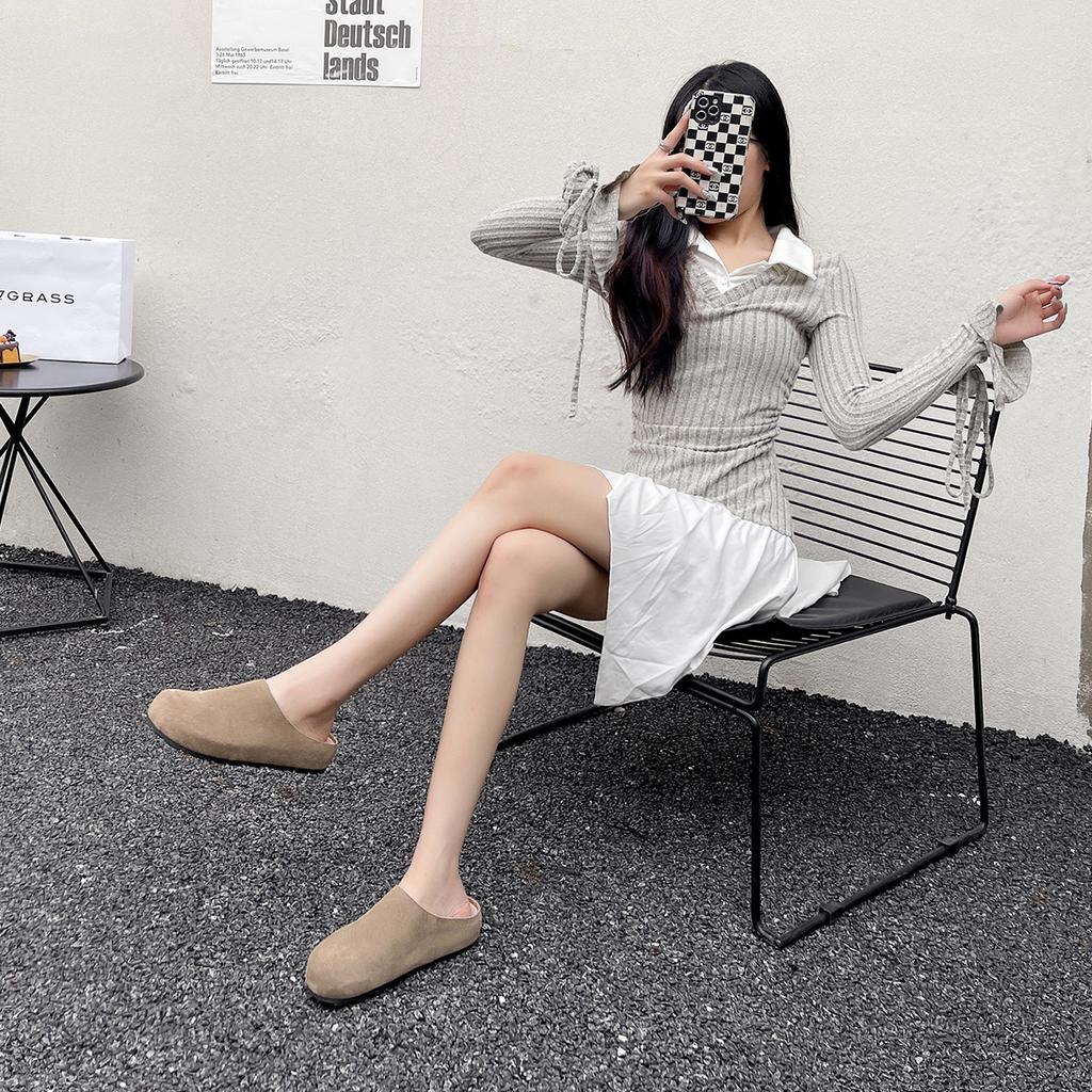Leather bag head half slippers female lazy pedal platform single shoes female