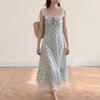 2026 New Summer French Sweet Blue Lace Floral Spaghetti Strap Dress for Women, Spring/Summer Square-Neck Long Dress