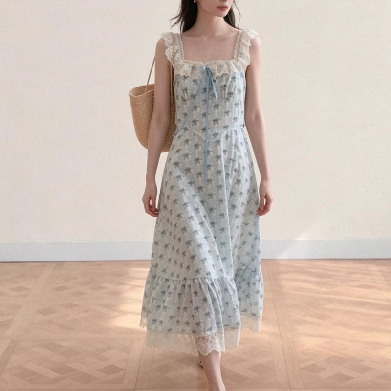 2026 New Summer French Sweet Blue Lace Floral Spaghetti Strap Dress for Women, Spring/Summer Square-Neck Long Dress