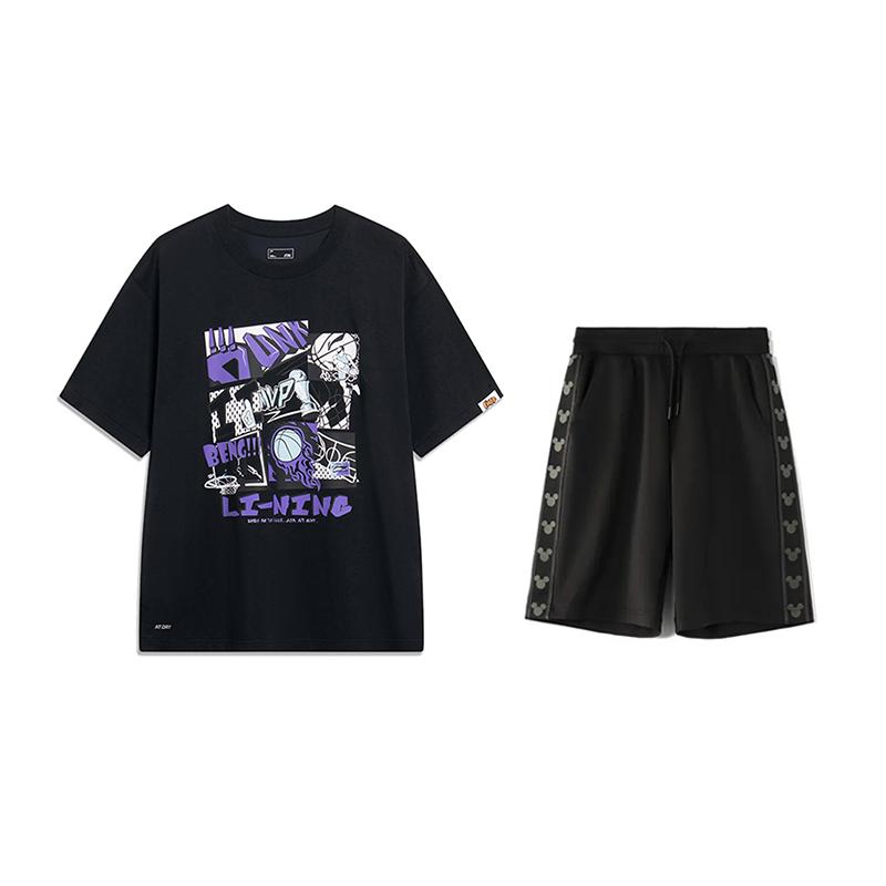 

Пуловер с принтом букв Li-Ning, с коротким рукавом, удобный, однотонный, универсальные шорты, повседневный спортивный костюм, костюм унисекс YHSU207-1+YKSV129-2 S
