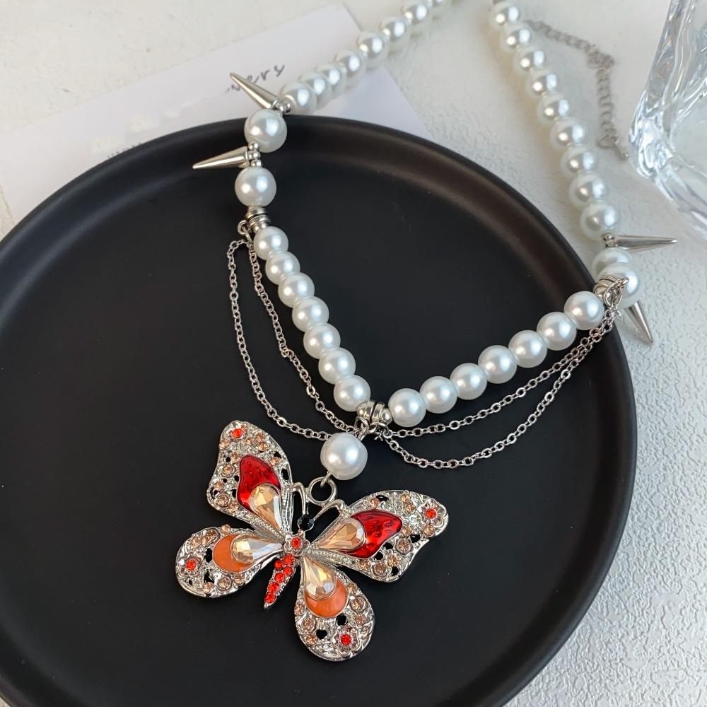 Rhinestone Vintage Metal Necklace Tassel Women's Choker Retro Butterfly Pearl Necklace  Girls