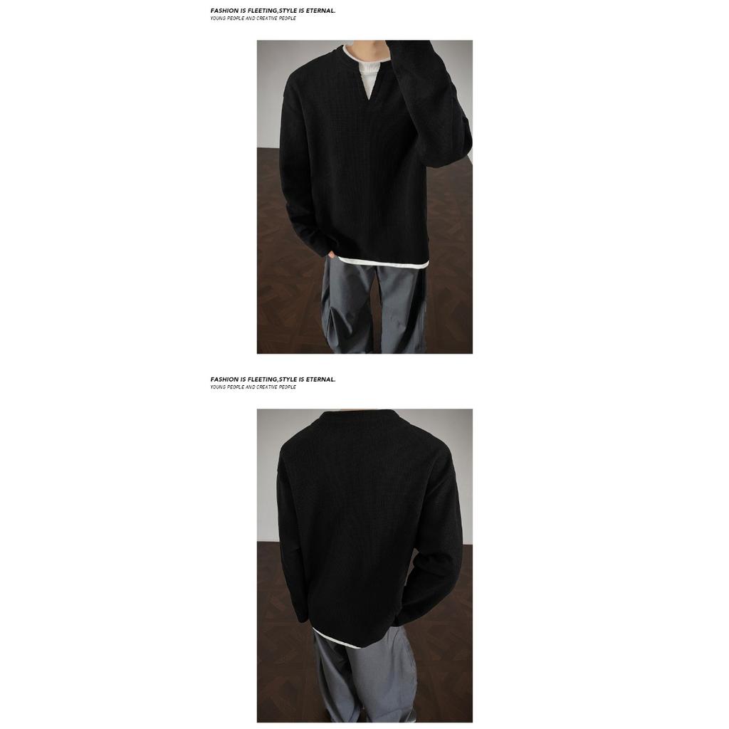 Fake Two Long Sleeved T-shirts, Men's Spring and Autumn Trend, Waffle Style Loose Fit, Bottom Layer, Simple Casual Top
