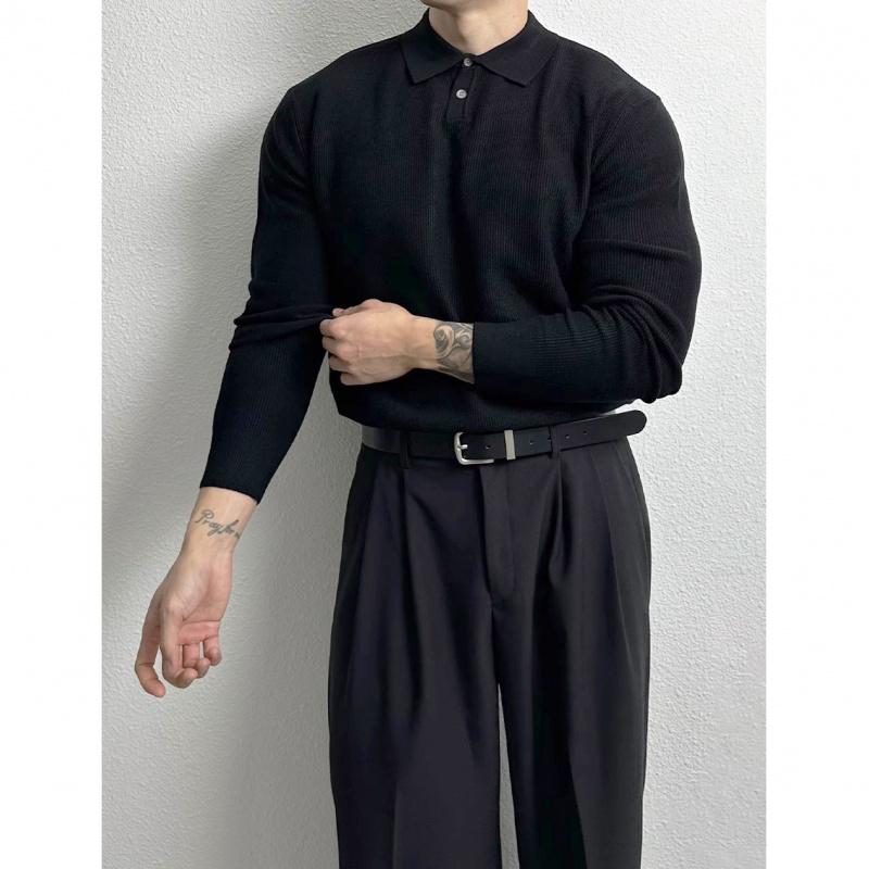 Spring and Autumn New Polo Shirt Turn-Down Collar Long Sleeve Knitted Sweater Men's British Business Style Slim Fit
