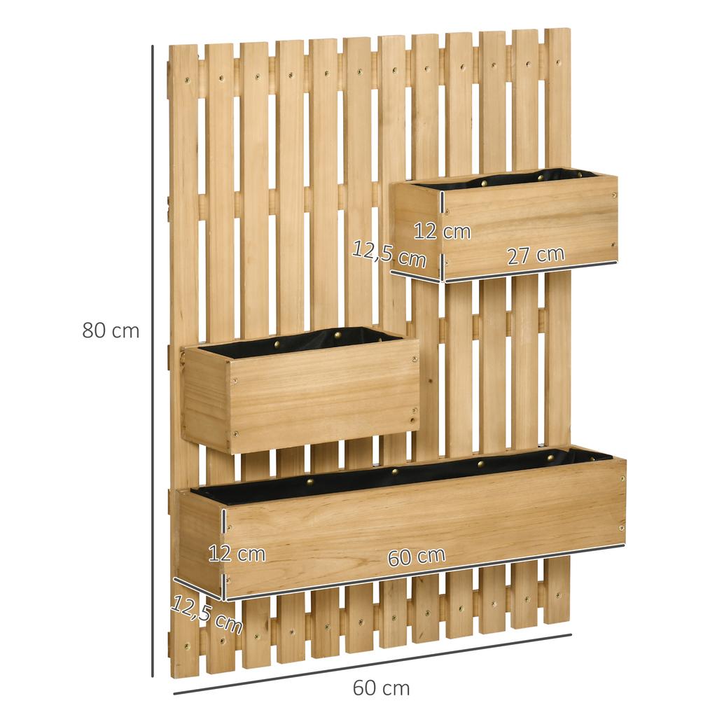 Wall-mounted Wooden Garden Planters with Trellis. Drainage Holes and 3 Planter Boxes for Patio. Natural