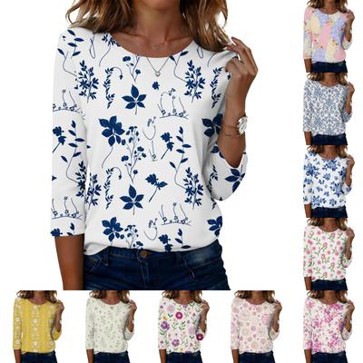 Women's Fashion Casual Three-Quarter Sleeve Floral Print Round Neck Top
