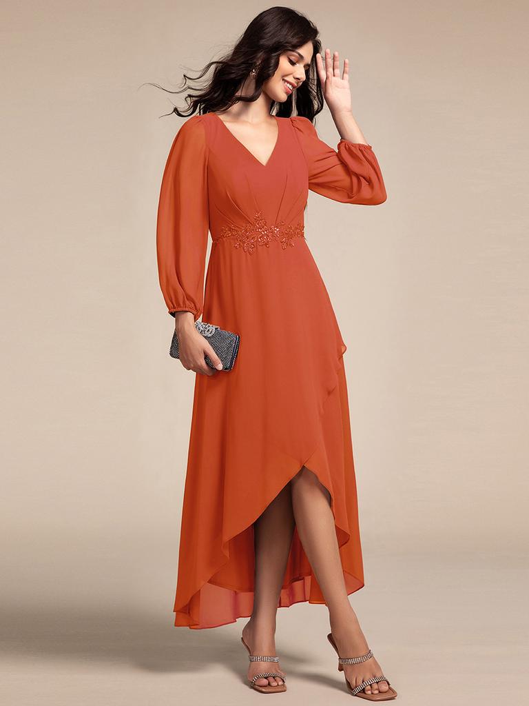 Ever-Pretty Women's Waist Applique Lantern Sleeve Chiffon Evening Dresses with Asymmetrical Hem