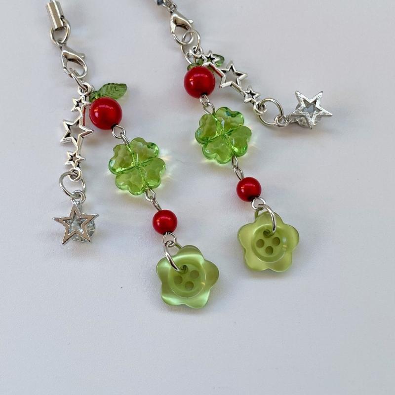 Fashionable Four Leaf Grass Keychain Button Inspired Beaded Charm Hanging Pendant Korean Style Decoration