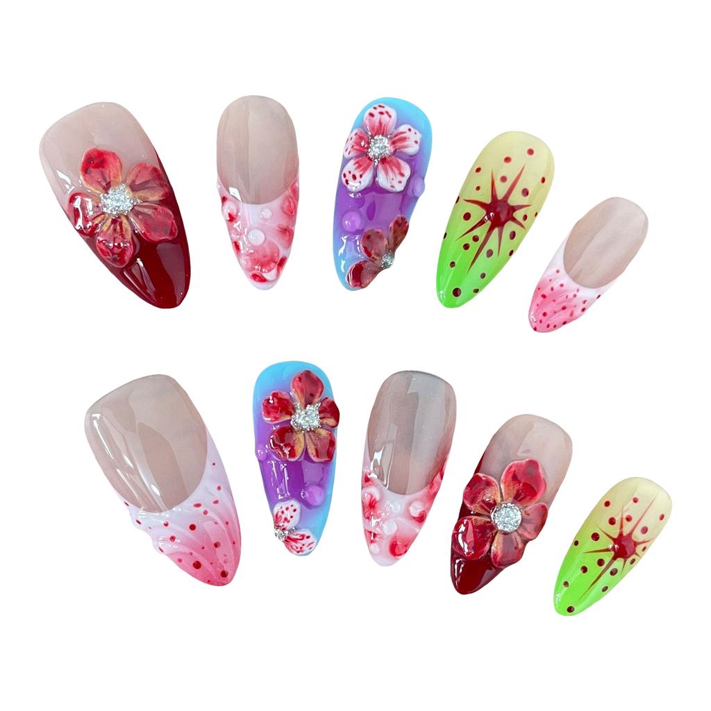 Luxury Hand-Painted 3D Floral Press-On Nails 10 Pieces Resin Artificial Nails for Weddings Parties Daily Wear