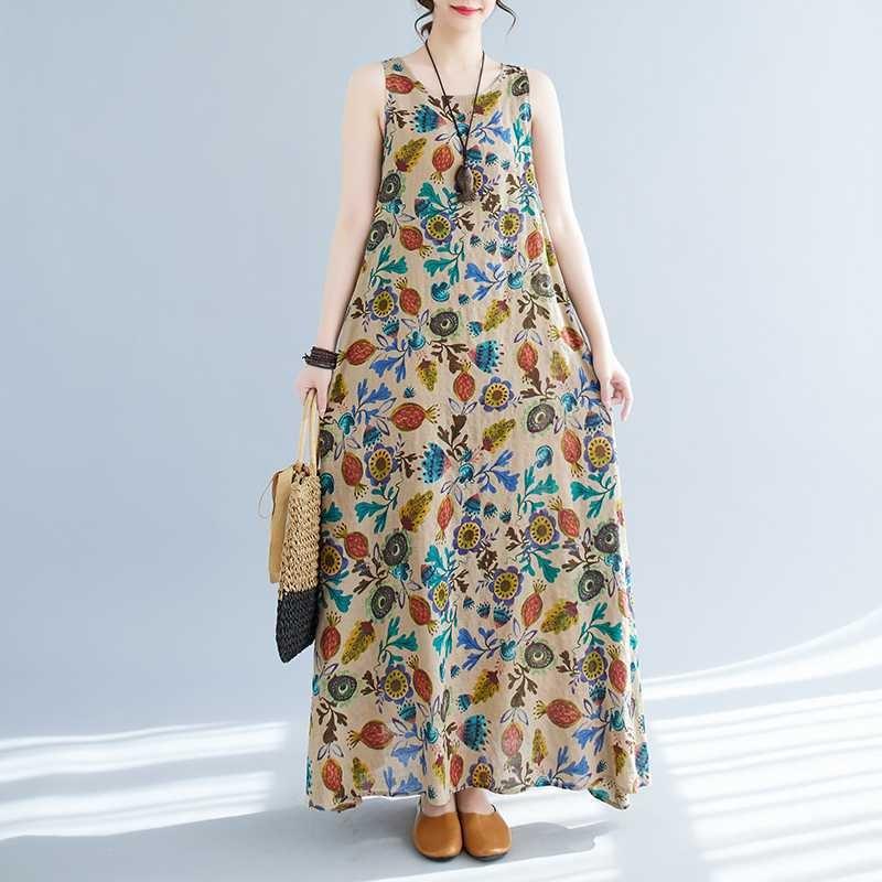Long Skirt Summer New Sleeveless Round Neck Printed Mid Length Dress