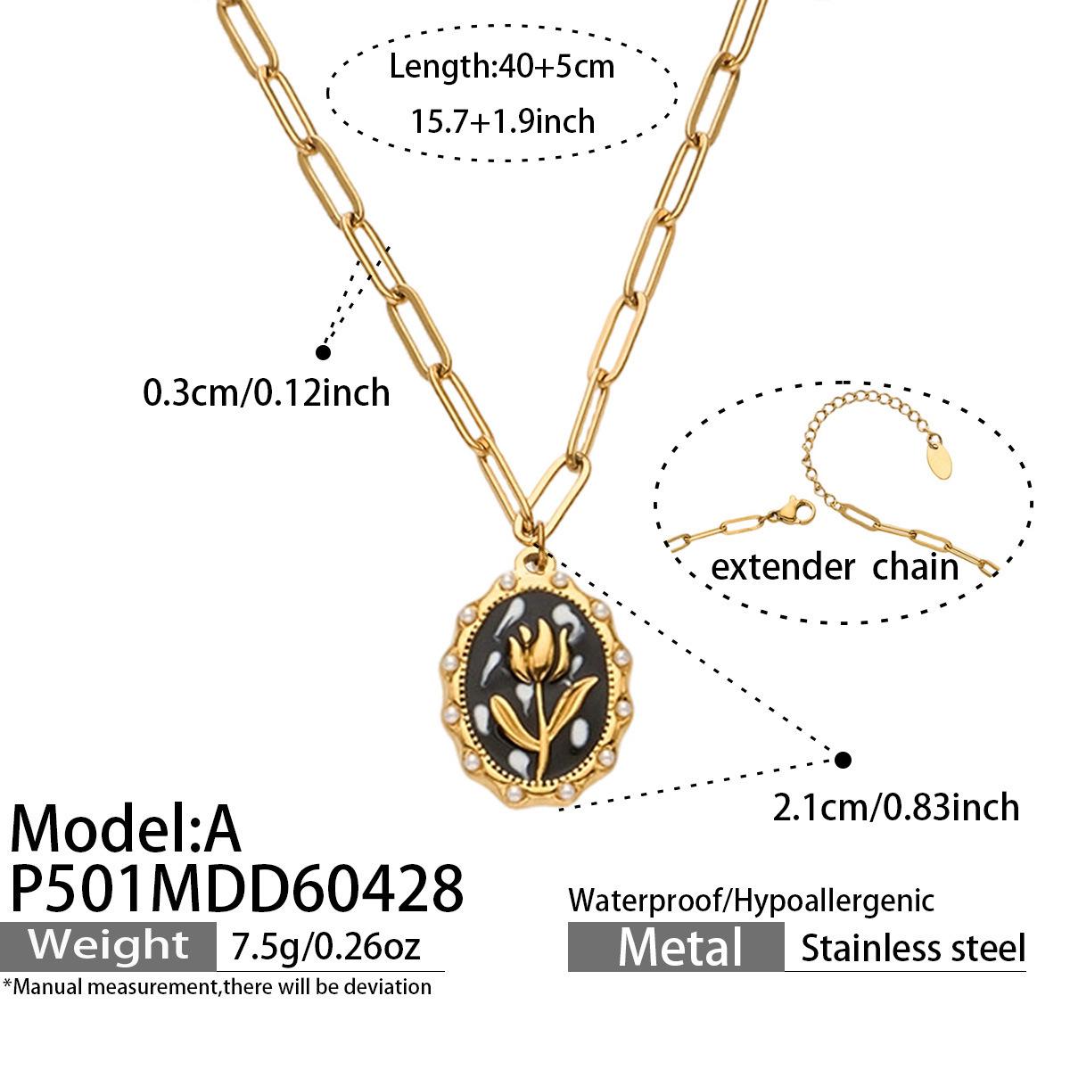 European-American Tulip Drip Oil Imitation Pearl Oval Pendant Necklace, 18K Gold-Plated Stainless Steel