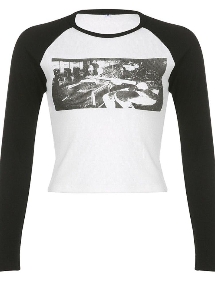 

Милые тонкие футболки с длинными рукавами, лоскутные повседневные хлопковые топы в корейском стиле в стиле ретро, ​​милые наряды в стиле Харадзюку с графическим принтом, уличная одежда L