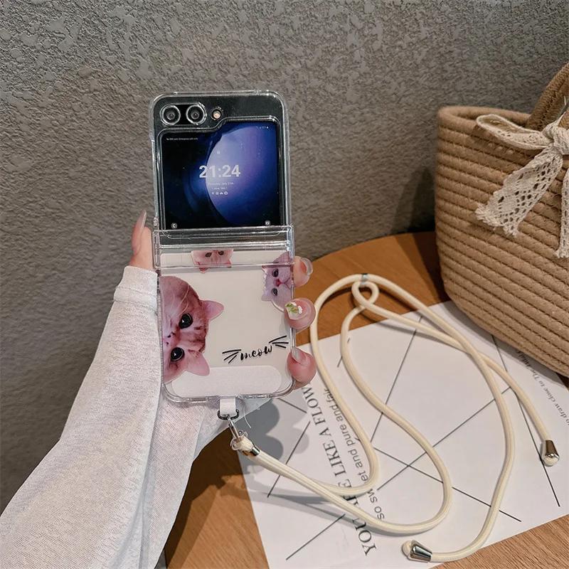 For Samsung Galaxy Z Flip 6 5 4 3 Case Z Flip5 ZFlip 5 ZFlip5 Cute Cat Long Lanyard Corssbody Hard Shockproof Cover
