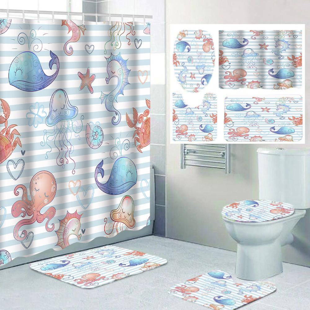 1/4 Marine Organism Shower Curtains, Toilet Seat Decoration, Shower Curtain With Carpet And Toilet Lid, 12 70.8X70.8 Inch Hooks