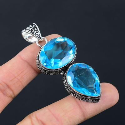 Blue Topaz Gemstone Pendant Solid 925 Sterling Silver Pendant Jewelry Gift For Unisex LG-010