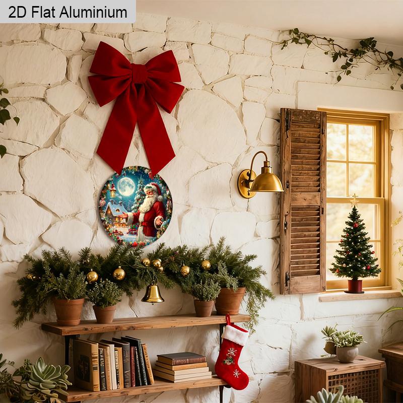 Panneau de Noël en Aluminium Coloré Plat 2D - Ornements Figurine Navidad avec Motif Père Noël & Couronne - Idéal pour Porte d'Entrée, Mur, Porche, Clôture