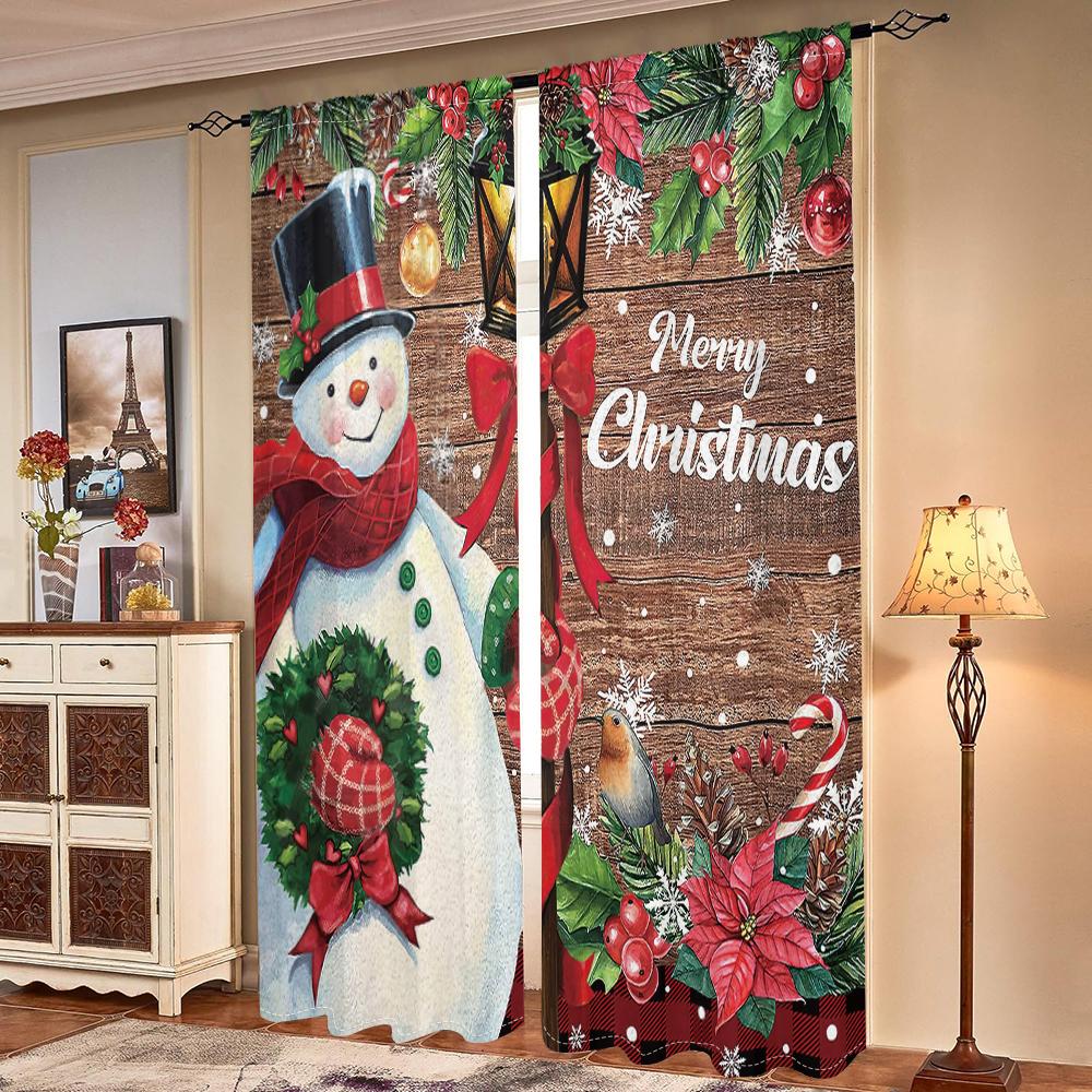 2 Pieces, Snowman Christmas Wooden Background Curtains -30% Blackout - Suitable for Living Room, Bedroom, Kitchen, Home Decorati