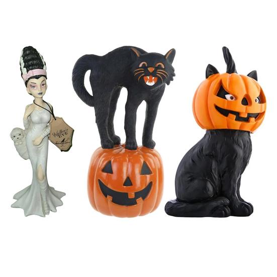 Halloween Decoration Black Cat Pumpkin Statue Resin Collectible Halloween Figurines