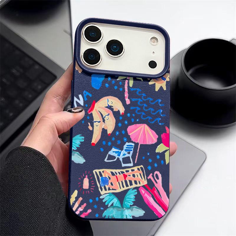 For iPhone 17 Pro Max Case Luxury Cartoon Vacation Painting Leather Texture Silicone Cover For iPhone 16 Pro Max 15 14 13 12 11 16E Air