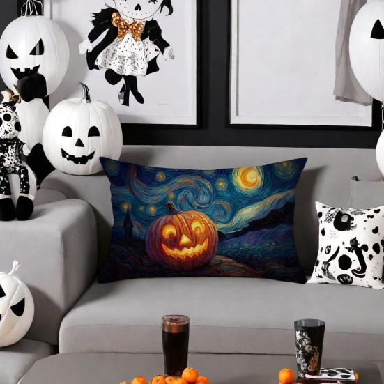Halloween Pillow Cover Pumpkin Under Starry Night Pillowcase Artistic Pillow Case for Bedroom Living Room Guest Rooms Sofa Decor