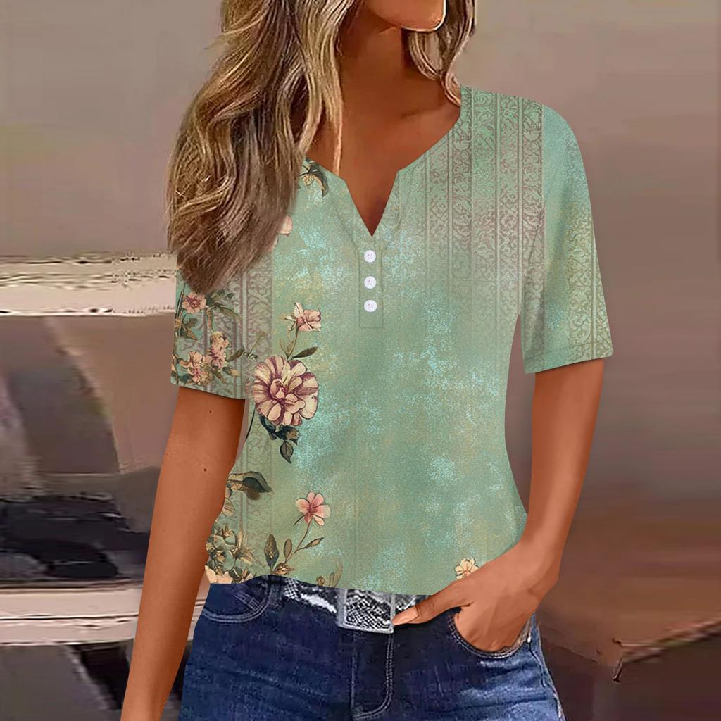 Damska koszulka z nadrukiem, guzikami, krótkim rękawem, codzienna, weekendowa, modna, podstawowa, dekolt w serek, regularna góra