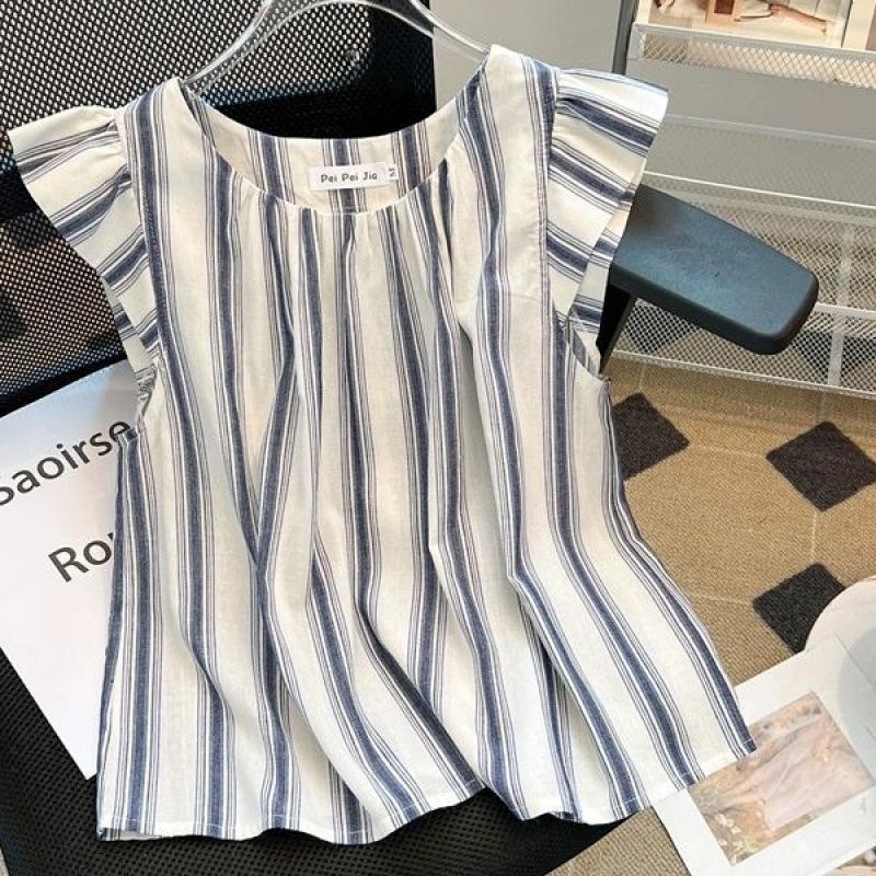 

Xiaofei Sleeve Striped Age Reducing and Cover The Belly Shirts Summer Simple Casual Retro Women s Blouses & Shirts 2XL