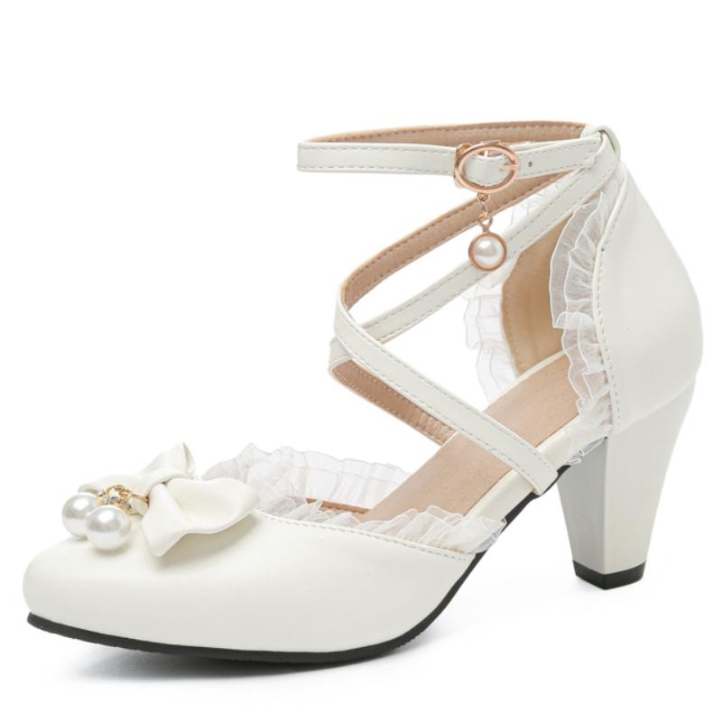 Women's Heels Mary Janes Lolita Shoes Luxury Crystal Pink Black White Heeled Party Wedding Dance Shoes Female Pumps Big Size 45