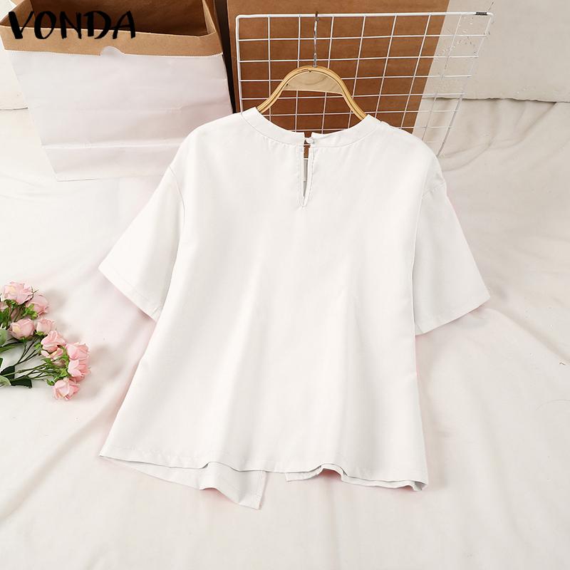 VONDA Women Summer Round Neck Short Sleeve Pearl Decorated Blouses