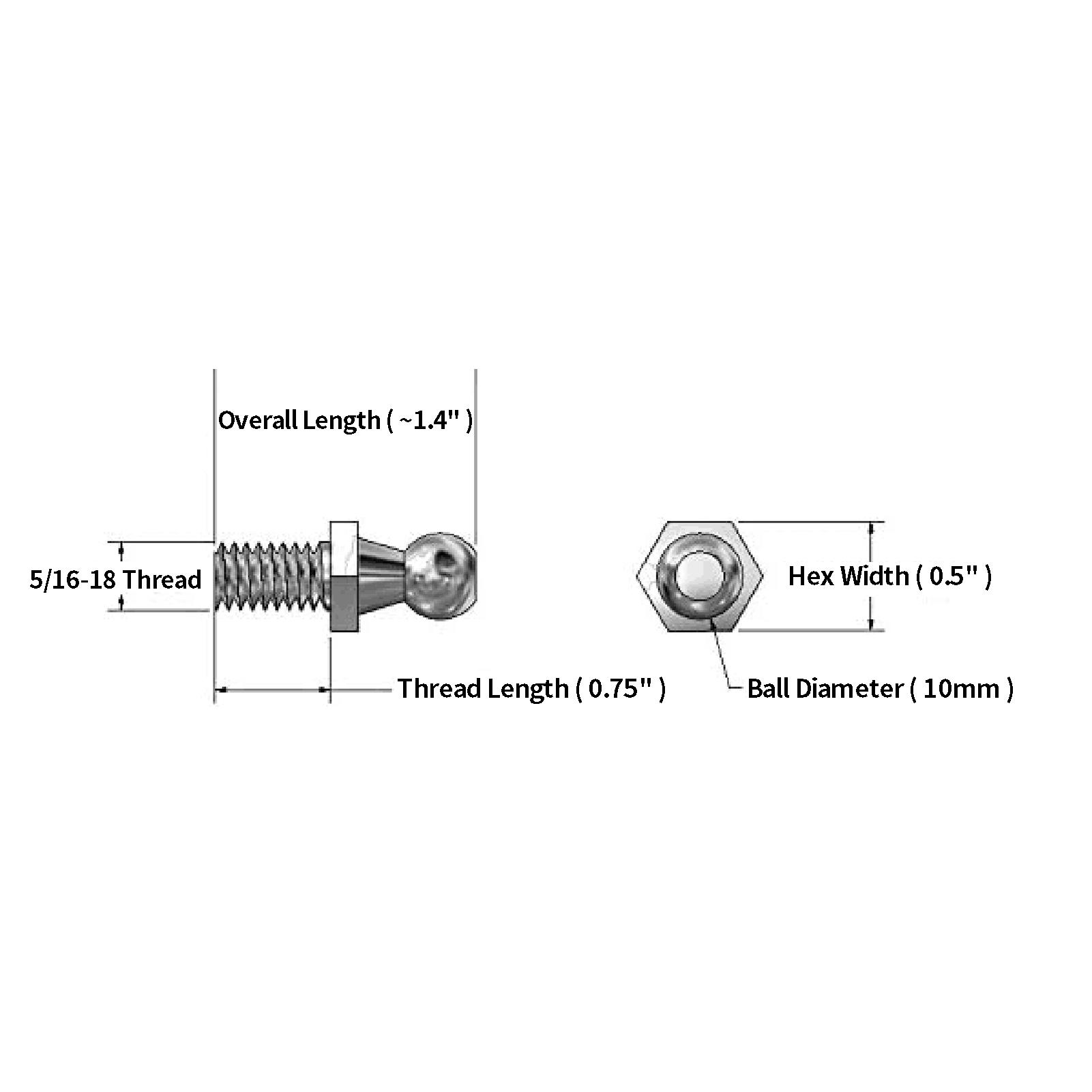 

13mm Ball Studs with Hardware - 5/16-18 Thread x 5/8 Long Shank - Gas Lift Support Strut Fitting (4 Pack) Metal Ball Studs