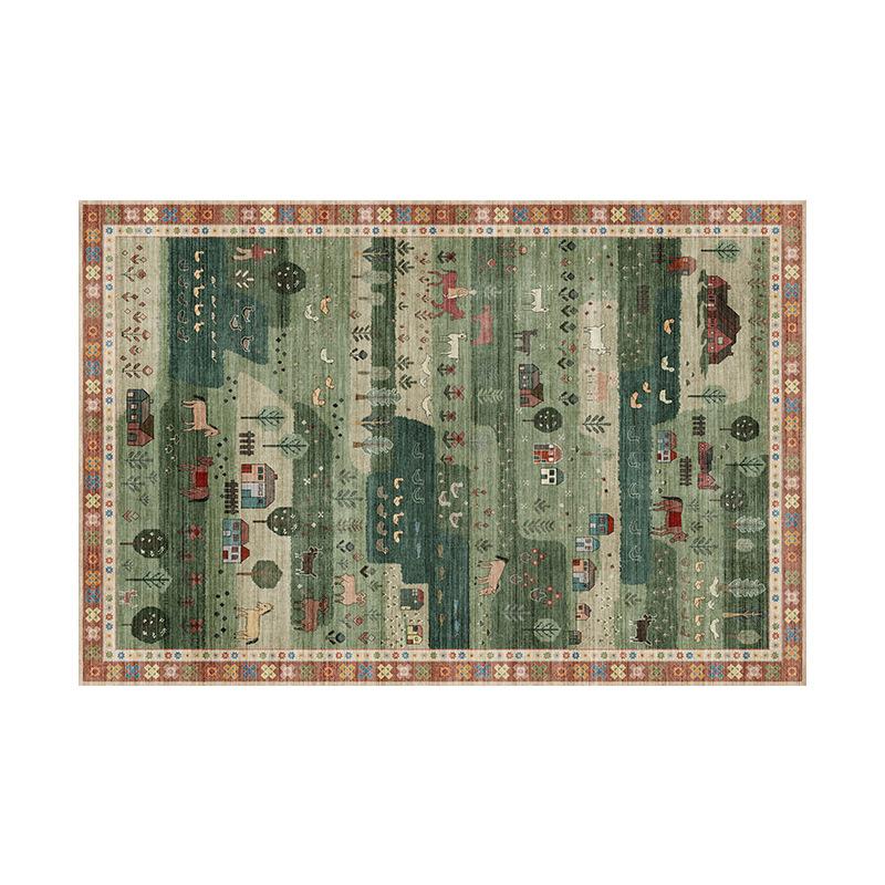 Green Vintage Pastoral Landscape Carpet Mat - Traditional Pattern Border Rug for Living Room Home Decoration Welcome Mat