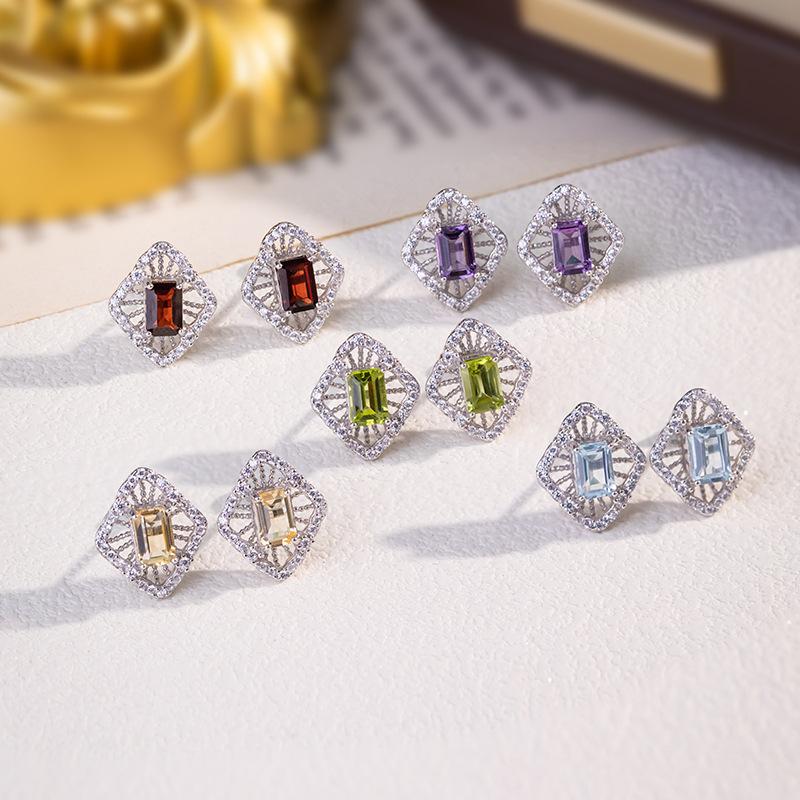 S925 Silver Stud Earrings with Natural Crystal/Topaz, Hollow Geometric Jewelry for Women