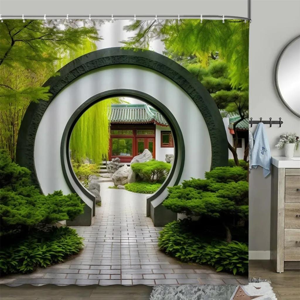 Cortina de ducha estilo chino, tablero de madera vintage, edificio de jardín, planta verde, patrón de bambú, decoración de baño, juego de cortinas