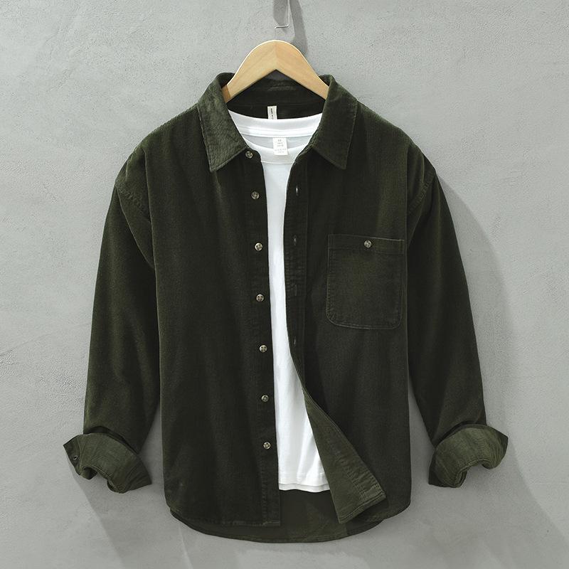 Spring Fall Shirts for Men Japanese Retro Style Corduroy Long Sleeve Men's Casual Shirt Daily Thin Coat Lapel Pocket 100 Cotton Button Shirt